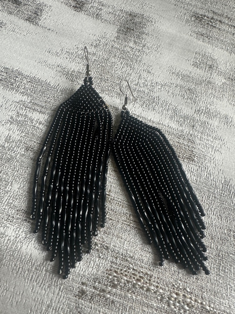 Handmade Black Beaded Fringe Drop Earrings